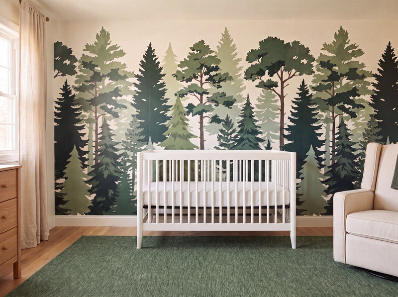 Forest-wallpaper nursery with a white crib and a solid moss-green rug, the calm floor letting the painted forest wall be the star