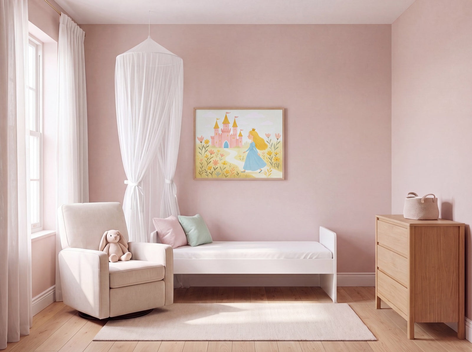 Big-girl room after the change: low twin bed with fairytale castle art above it