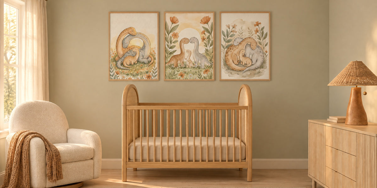 Dinosaur nursery: three watercolor-style dinosaur family prints over a honey cane crib, with an ivory glider, sage walls and a terracotta lamp
