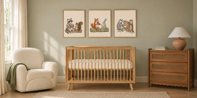 Music nursery: sage walls, three framed woodland animal band prints above a honey wood crib, a cream glider and a walnut cane dresser