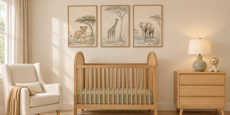 Safari nursery: a honey oak crib under three sketch-style lion cub, giraffe and elephant prints, with an ivory rocker and a pine chest