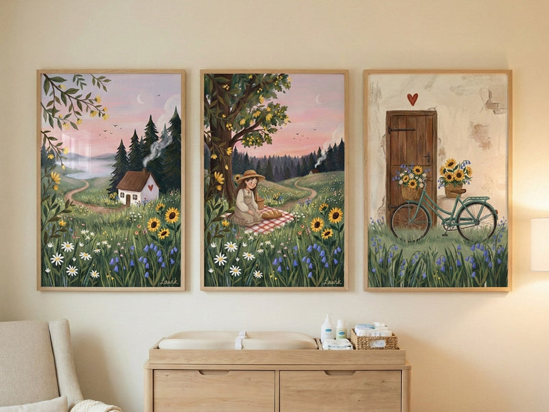Meadow picnic prints in a nursery
