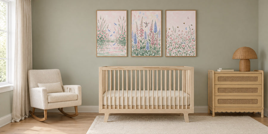 Wildflower nursery: sage walls, a birch crib and three pastel meadow prints