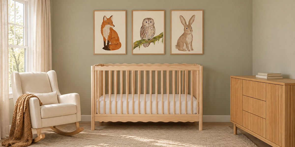 Woodland nursery: fox, owl and bunny prints above a pale wood crib, with a cream rocker, oak dresser and sage walls