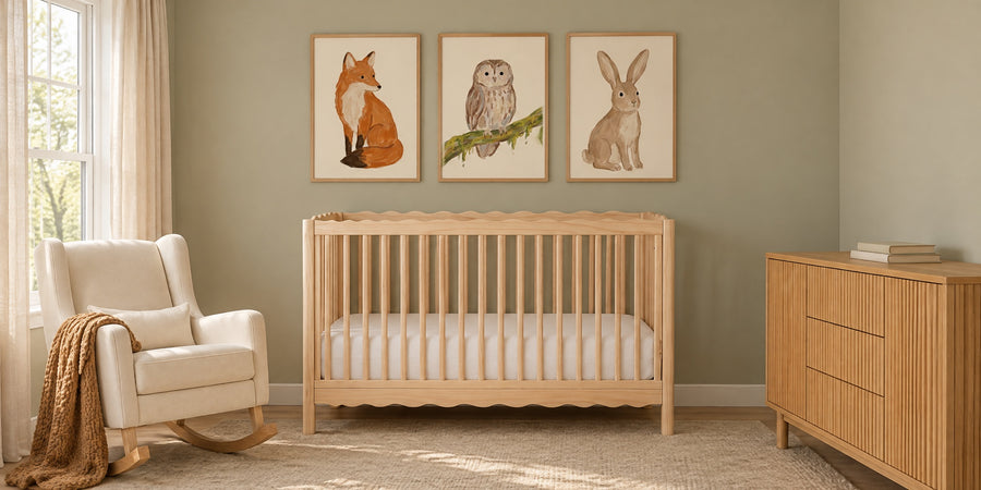 Woodland nursery: fox, owl and bunny prints above a pale wood crib, with a cream rocker, oak dresser and sage walls