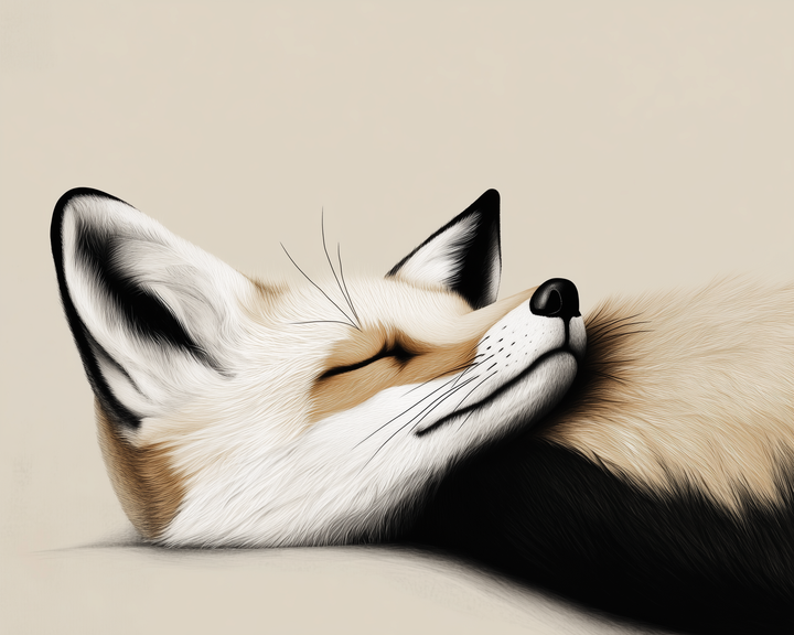 Peaceful illustration of a sleeping fox with a gentle smile and warm fur tones, ideal for cozy kids' room decor.