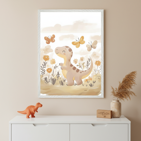 Nursery with a white dresser against a beige wall. A large framed watercolor print of a cute brown dinosaur in a field with butterflies and flowers hangs above. An orange toy dinosaur, a wooden block, and a vase with dried grass sit on the dresser.