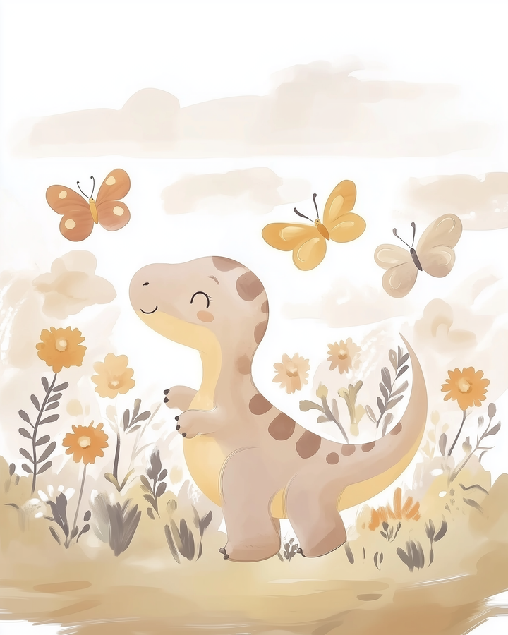 Sweet dinosaur surrounded by soft orange flowers and butterflies under a cloudy sky, perfect for gentle nursery decor.