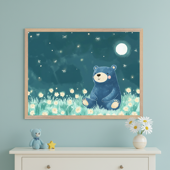 Light blue kid's room with a white dresser. A large framed illustration of a blue bear sitting in a field of yellow flowers under a starry night sky with a full moon hangs centered above. A blue teddy bear, yellow star, and a vase of daisies are on the dresser.