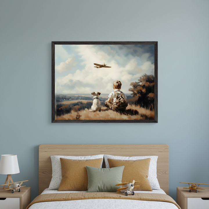 Kid's bedroom with a wooden bed and bedside tables. A large framed painting of a boy and a dog sitting on a grassy hill, looking at a biplane in a cloudy sky, hangs centered above the bed. Illustrative style.