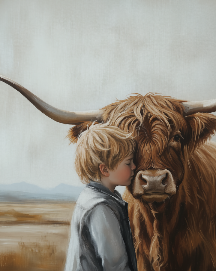 A young blonde boy gently kisses the forehead of a Highland cow, creating a tender moment of affection in a natural landscape.