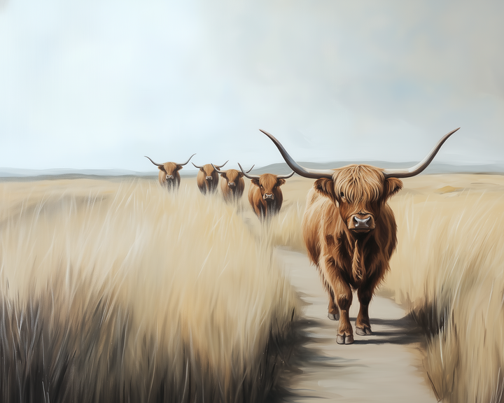 A group of Highland cows walk in single file along a narrow path through tall golden grass, the lead cow facing forward.