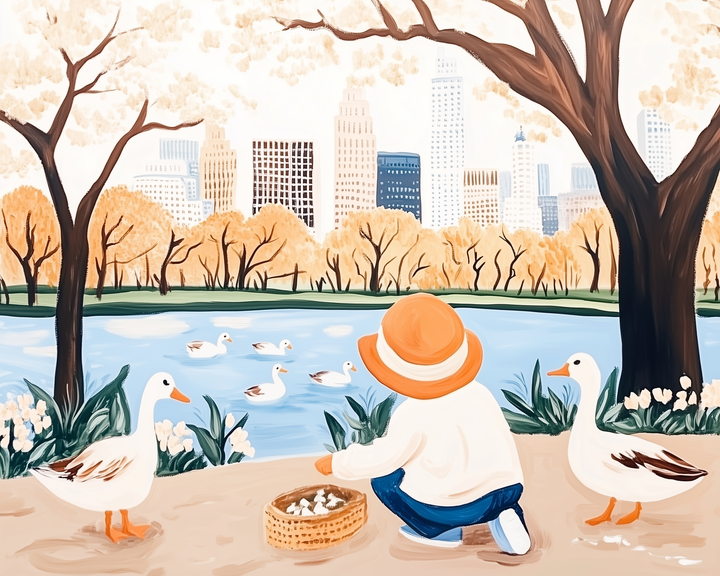 A young child wearing a wide-brimmed orange hat kneels by a pond in a city park, offering food to ducks as more swim nearby. Tall buildings rise in the background behind autumn-colored trees.