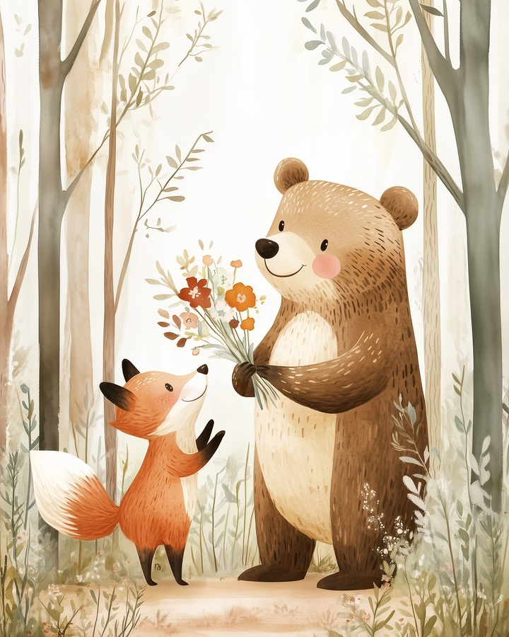 Cute woodland bear hands a bouquet of flowers to a smiling fox in a soft, forest setting with tall trees and wildflowers.
