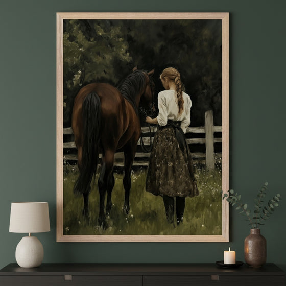 Modern room with a dark green wall and a dark console table. A large framed painting of a woman leading a brown horse in a field hangs centered above the console. The woman is seen from behind, wearing a white shirt and long skirt.