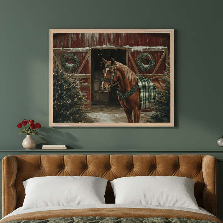 Bedroom with a brown tufted headboard. A large framed painting of a horse wearing a plaid blanket and garland by a snowy red barn with Christmas trees and wreaths hangs above the bed.