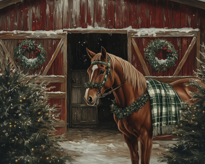 A chestnut horse stands in front of a rustic red barn decorated with holiday wreaths and snow-dusted pine trees. The horse wears a green plaid blanket and garland, adding festive charm.