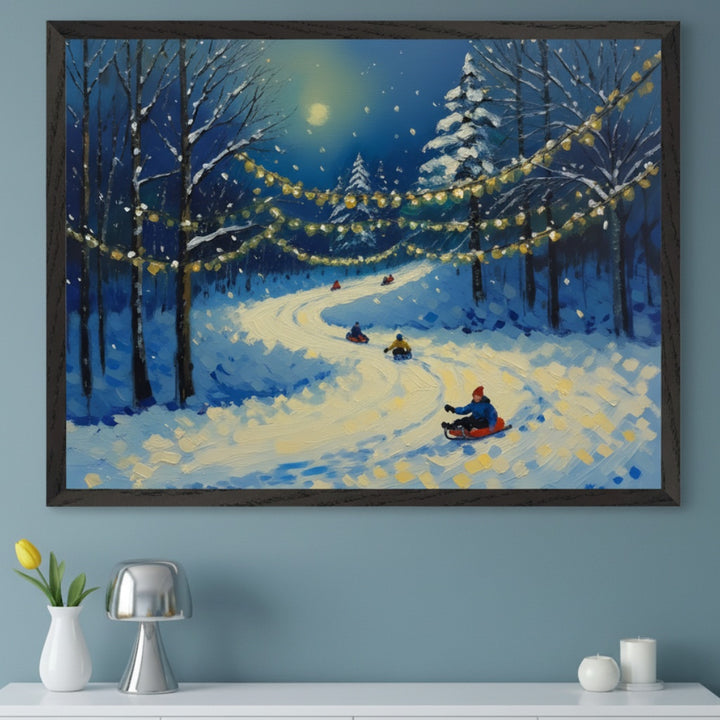 Modern living room with a white console table. A large framed painting of a snowy night forest with string lights, a moon, and people sledding hangs above the table. The artwork has visible brushstrokes.