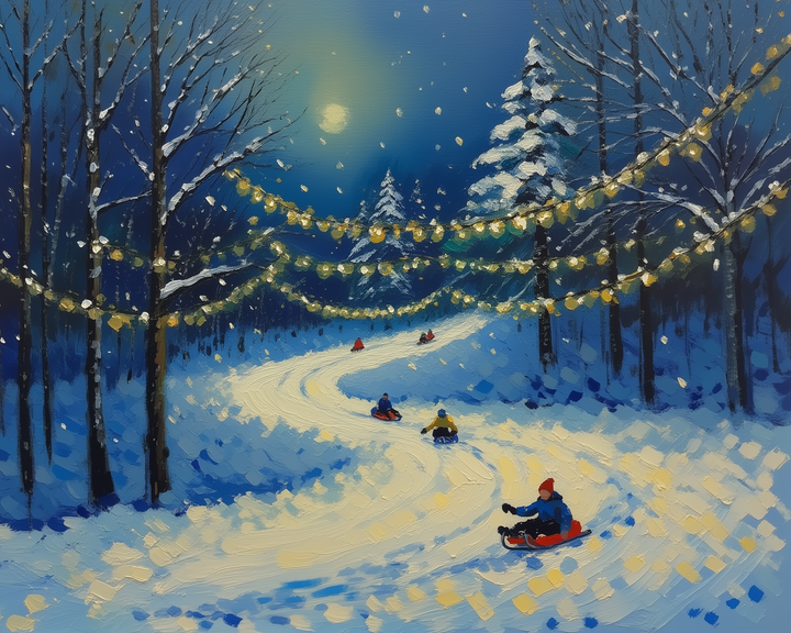Vibrant winter painting of children sledding down a snowy path through a forest decorated with glowing string lights under a full moon.