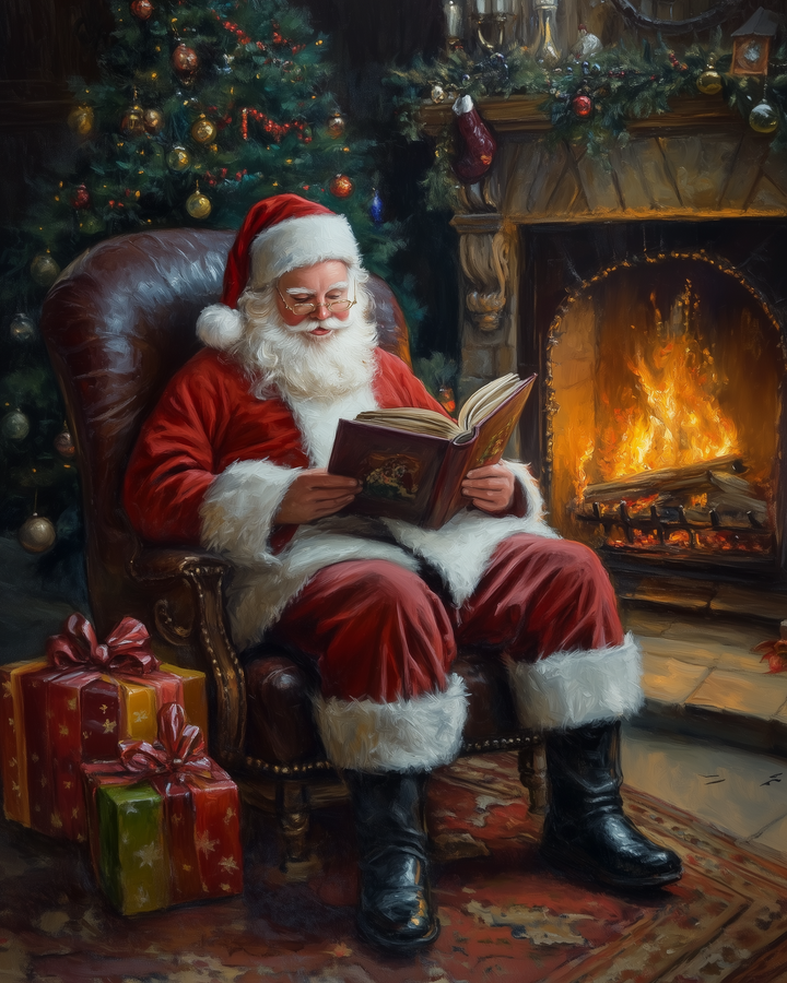 Cozy holiday painting of Santa Claus reading a book in an armchair by a roaring fireplace, surrounded by wrapped gifts and a decorated Christmas tree.