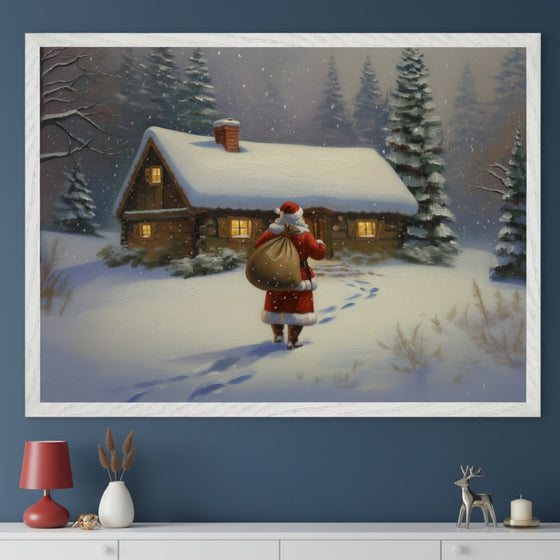 Modern room with a white console table against a dark blue wall. A large framed painting of Santa Claus walking towards a snow-covered log cabin in a snowy winter scene with pine trees hangs centered above the table.