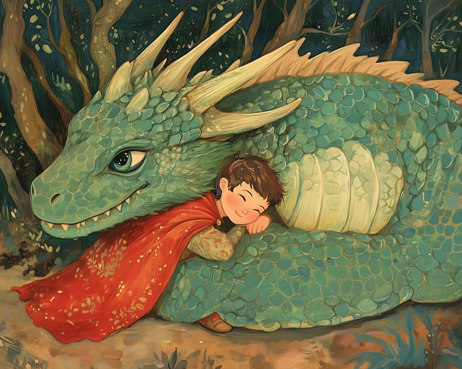 Original dragon print: a green dragon curled around a sleeping boy