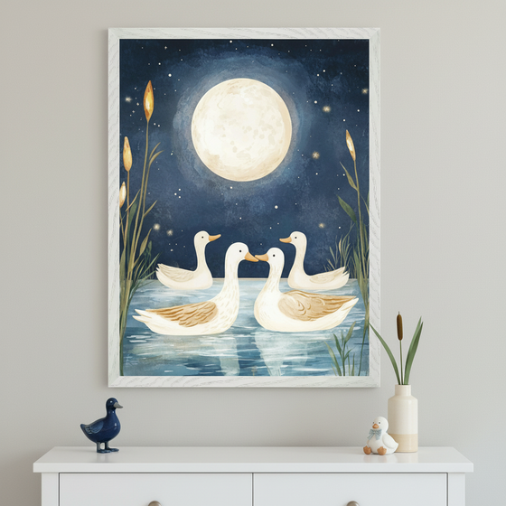 Kid's bedroom with a white dresser. A framed watercolor painting showing four white ducks on a pond at night under a full moon with reeds hangs centered above the dresser. Small decorative duck figures and a vase with cattails are on the dresser.