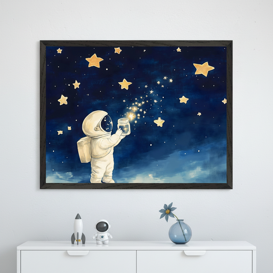 Modern child's room with a white dresser. A framed print shows a cartoon astronaut collecting glowing stars in a jar against a dark blue night sky, centered above the dresser. A rocket and astronaut figure are on the dresser.