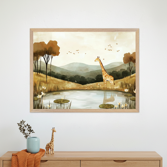 Modern room with a light wood console table. A framed watercolor illustration of a giraffe by a pond in a savanna landscape hangs centered above the table. The table holds a light blue vase with branches and a small wooden giraffe figurine.