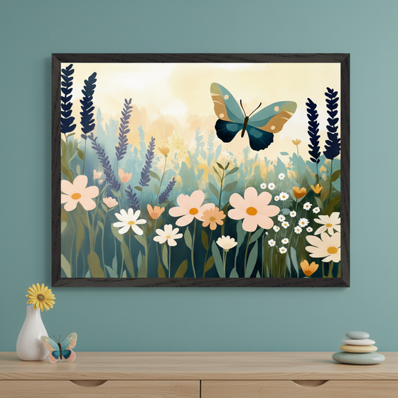 Modern room with a light wood dresser against a teal wall. A large framed illustration of a wildflower field with a prominent teal butterfly hangs centered above the dresser. A small vase and decorative butterfly are on the dresser.