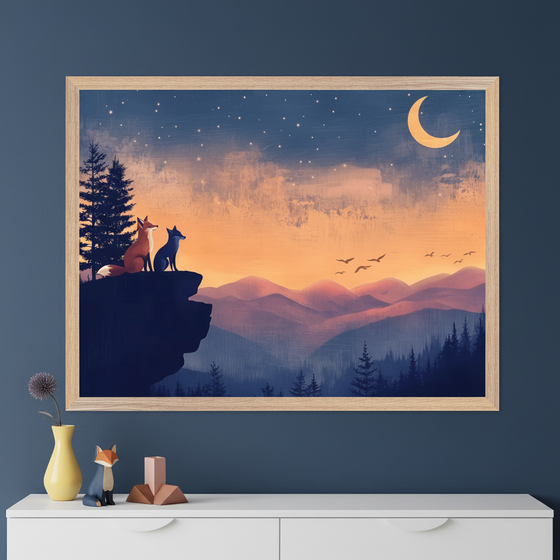 Modern room with a white dresser against a dark blue wall. A light wood framed print above depicts two foxes on a cliff overlooking a blue and orange mountain landscape with a crescent moon and stars. A yellow vase, fox figurine, and wooden blocks adorn the dresser.