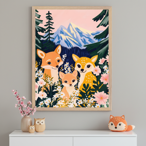 Modern child's room with a white dresser. A framed painting of a fox, a fawn, and a baby fox in a colorful forest with mountains and flowers hangs above the dresser. Pink flowers, wooden owls, and a fox plush toy are on the dresser.