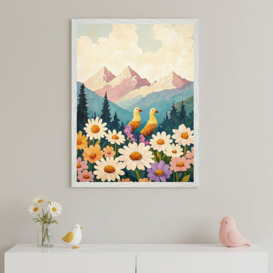 Modern child's room with a white dresser. A large framed colorful landscape painting hangs centered above the dresser. The painting depicts two yellow birds in a field of daisies, with pine trees and mountains under a cloudy sky, in a painterly style.