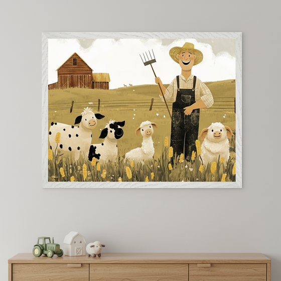 Kid's room with a wooden dresser. A framed illustration of a smiling farmer, two calves, and two lambs in a cornfield with a barn hangs centered above the dresser. Toys: a green tractor, white barn, and sheep on the dresser.