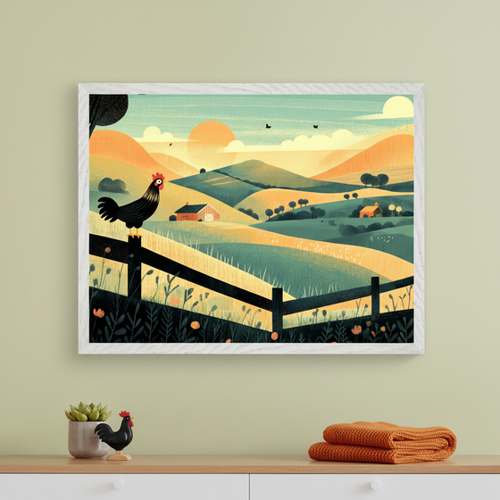 Contemporary room with a light wood dresser. A white-framed illustration of a stylized farm landscape hangs above it, featuring rolling hills, barns, a vibrant sun, and a black rooster on a fence in the foreground.