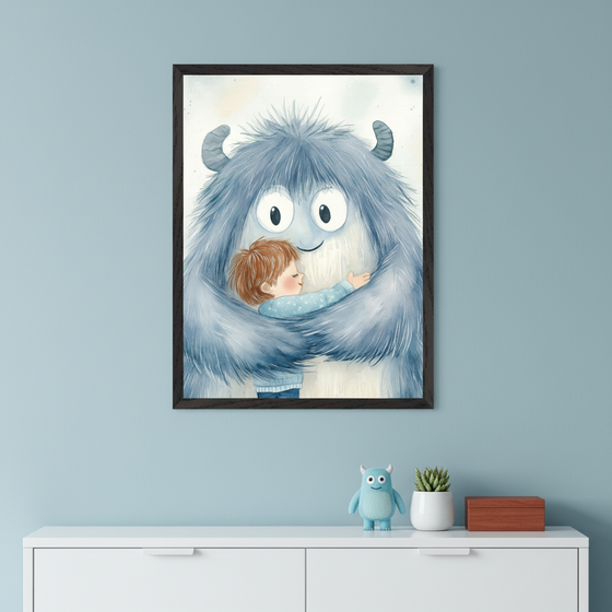 Modern kid's room with light blue walls. A large framed watercolor illustration of a blue furry monster hugging a small child hangs centered above a white dresser. A blue monster figurine, a succulent, and a wooden box are on the dresser.