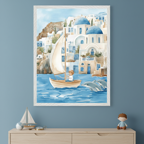 Kid's bedroom with a light blue wall. A framed watercolor painting featuring a boy in a sailboat, two dolphins, and a white and blue Greek-style village hangs above a light wood dresser. A toy sailboat, globe, compass, and doll sit on the dresser.