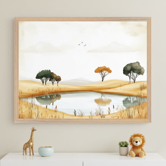 Kid's room with a white dresser. A large framed watercolor of a savanna landscape, showing a pond, trees, hills, and birds, hangs above it. A giraffe, bowl, plant, and lion toy are on the dresser.