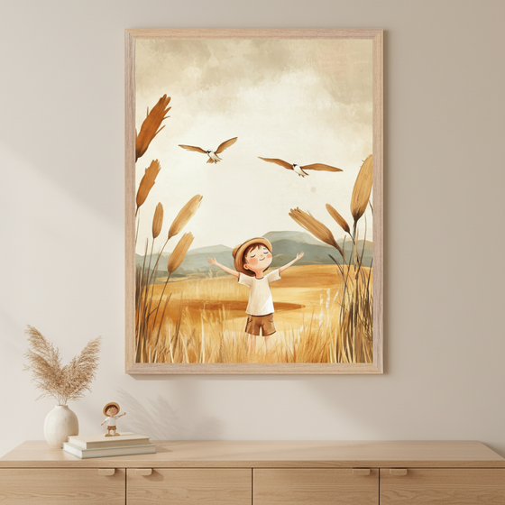 Framed illustration of a joyful child standing in a golden wheat field with arms raised, surrounded by tall grasses and birds flying overhead against a hazy sky and distant hills. Below the artwork, a wooden dresser holds a matching figurine of the child, a vase with dried pampas grass, and stacked books.