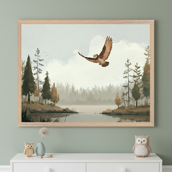 Kid's bedroom with a white dresser against a sage green wall. A large light wood framed print of an owl flying over a lake and forest in an illustrative style hangs centered above the dresser. Wooden and fabric owl figurines decorate the dresser.