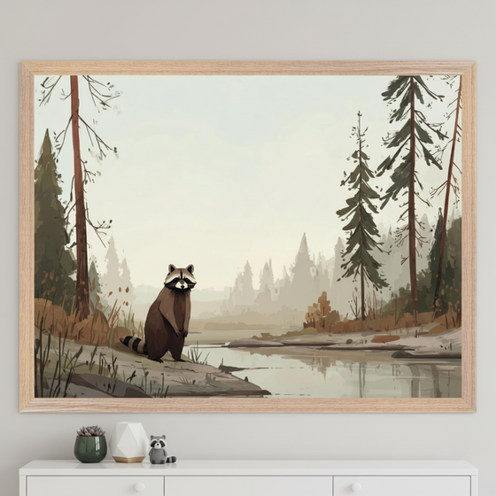 She Knows Alt Text said:
Framed artwork of a raccoon standing near a calm forest stream, surrounded by tall evergreen trees and soft mist in the distance. The dresser below holds a small raccoon figurine and neutral-toned decor, all set against a light gray wall.