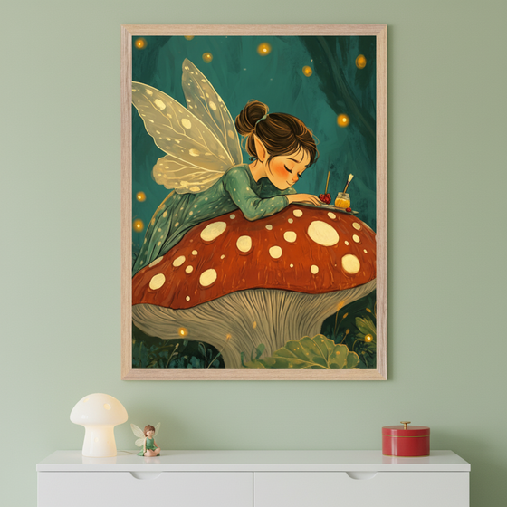 Kid's bedroom with sage green walls. A framed illustration of a winged fairy on a red mushroom, looking at tiny art supplies, hangs above a white dresser. A mushroom lamp and small fairy figurine are on the dresser.