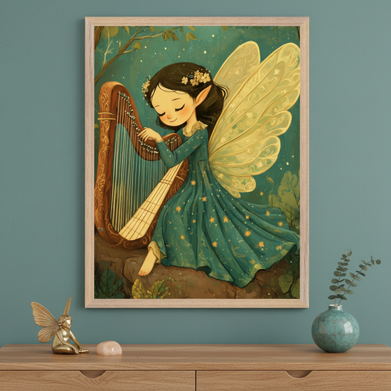 Teal-walled room with a light wood dresser. A large framed illustration of a whimsical fairy playing a harp in a forest hangs above the dresser. A golden fairy figurine and a small vase with eucalyptus are on the dresser.