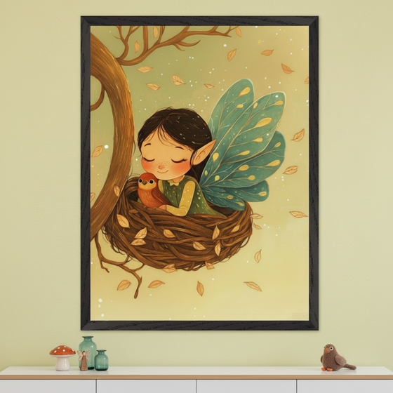 Kid's room with a large framed print hanging above a white dresser. The print is a whimsical illustration of a fairy-like girl with wings, nestled in a bird's nest with a small bird, surrounded by autumn leaves.