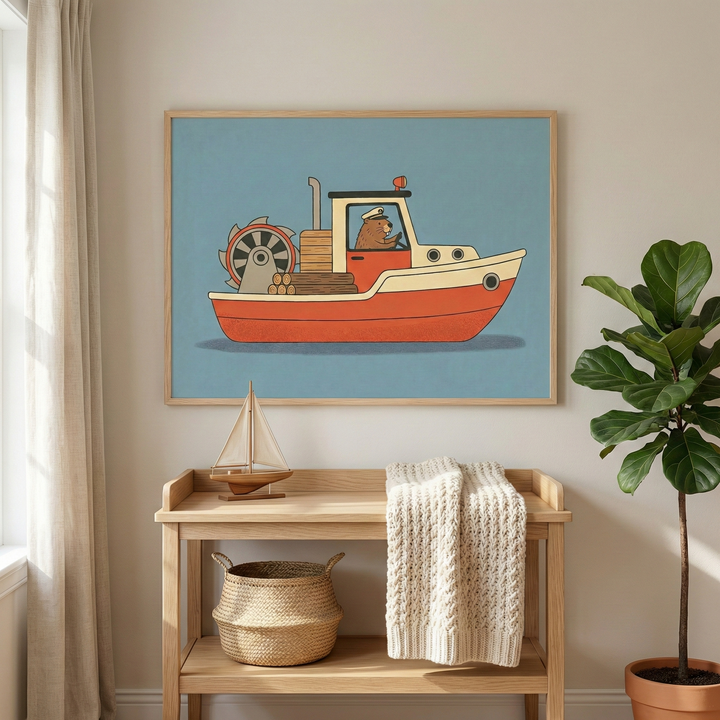 Whimsical beaver boat captain wall art hanging above a light wood console table in a cozy nursery.