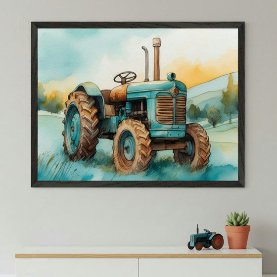 Modern room with a light wood and white console table. A large framed watercolor painting of an old blue tractor in a field hangs centered above the table. A small blue tractor toy and a potted succulent are on the table.