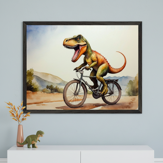 Modern room with a white two-door cabinet. A large framed watercolor painting of a T-Rex riding a bicycle on a dirt road hangs centered above the cabinet. A vase with dried leaves and a small dinosaur figurine are on the cabinet.