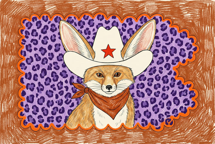 Illustration of a stylish fox in western attire, with oversized ears peeking from a white cowboy hat and a confident stare, centered on a vivid purple and orange patterned backdrop. This quirky and colorful wall art brings fun personality to any space.