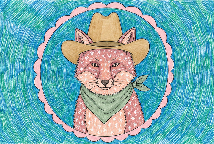A colored drawing of a fox wearing a cowboy hat, green bandana, and a pink coat with white star-like patterns, set in a pink and teal circular frame.