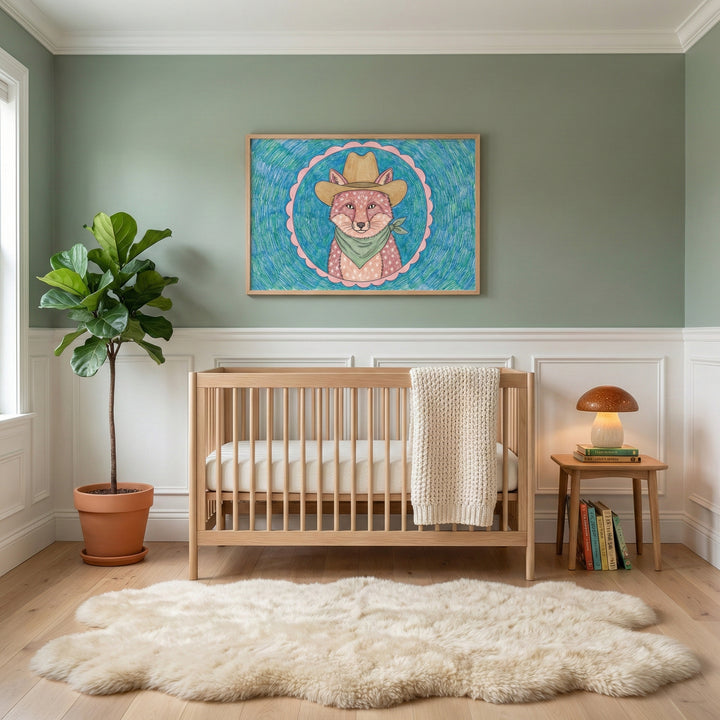 Western fox cowboy wall art hanging above a light wood crib in a cozy nursery.